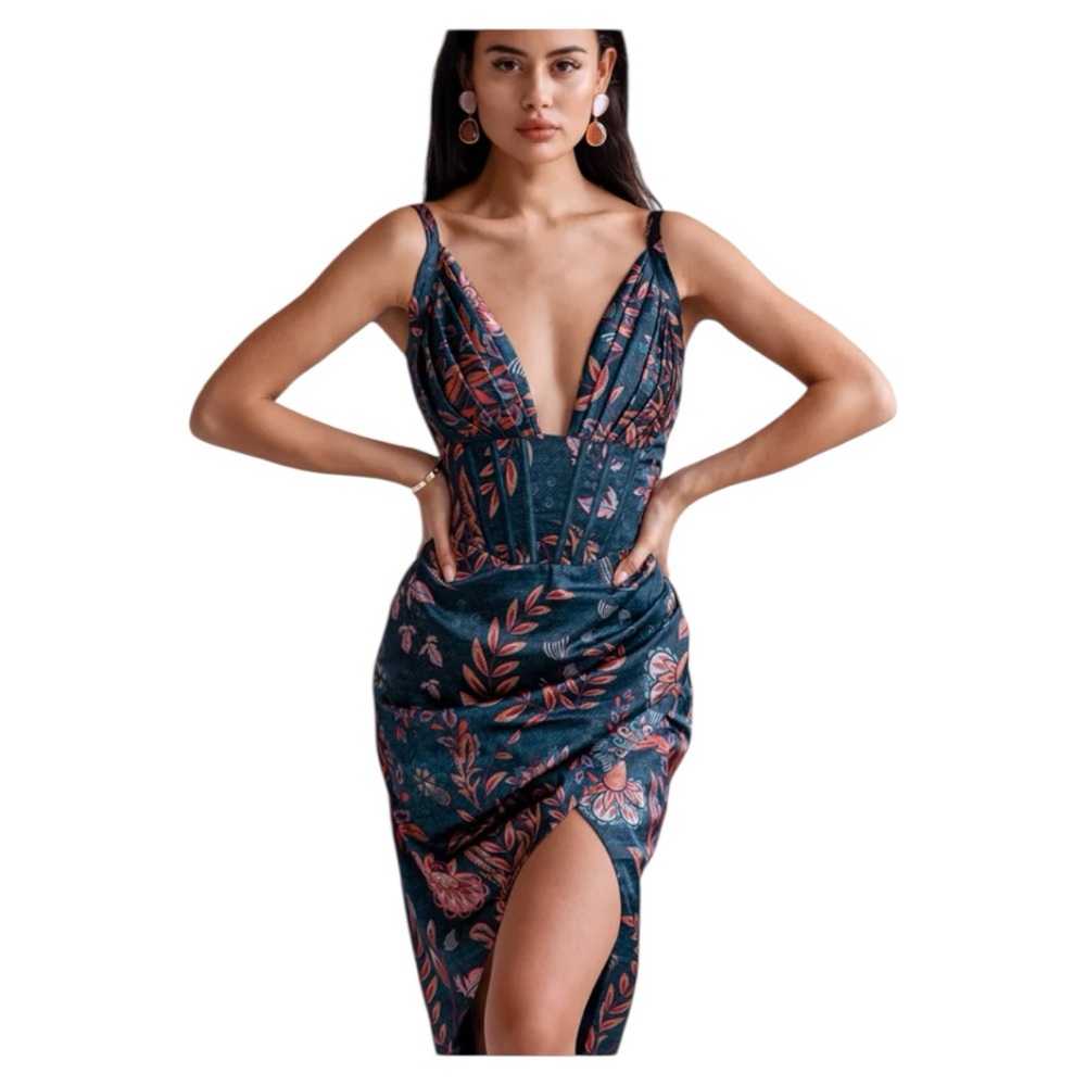 Floral Midi Dress in Blue and Pink